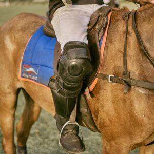 Polo player seated on horse, showing leg guard and saddle details.